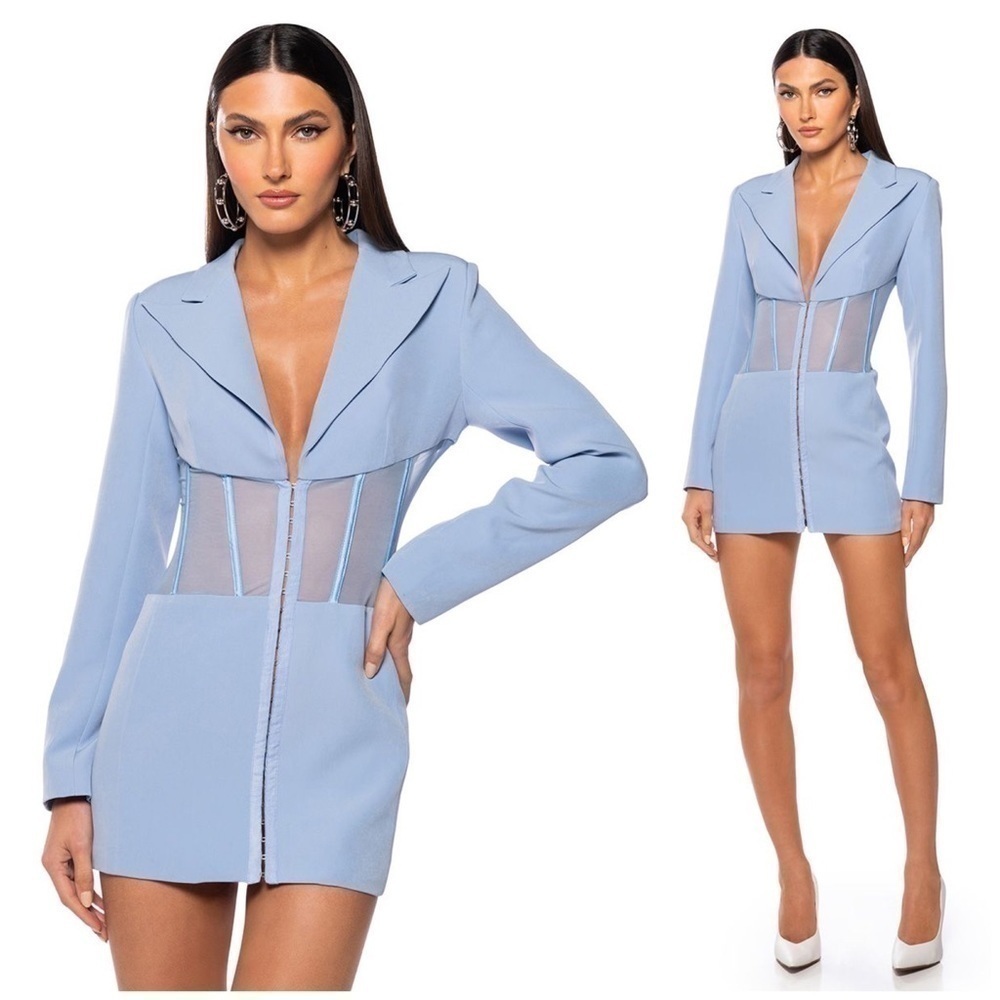 Akira Light Blue Corset Sheer Mesh Panel Blazer Mini Dress Plunge Neck Size XL
